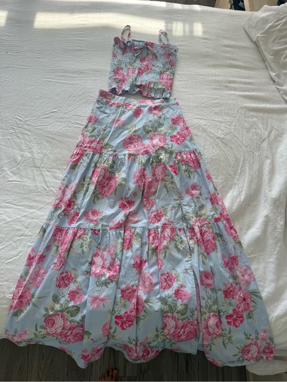 Wayf Floral Two-Piece Maxi Set in Sky Blue and Pink